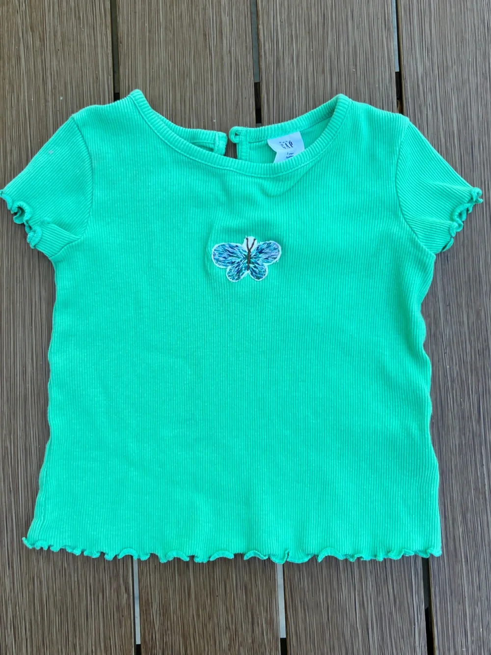 Embroidered Butterfly on GAP Girls 3T Ribbed Tee with Ruffle Trim